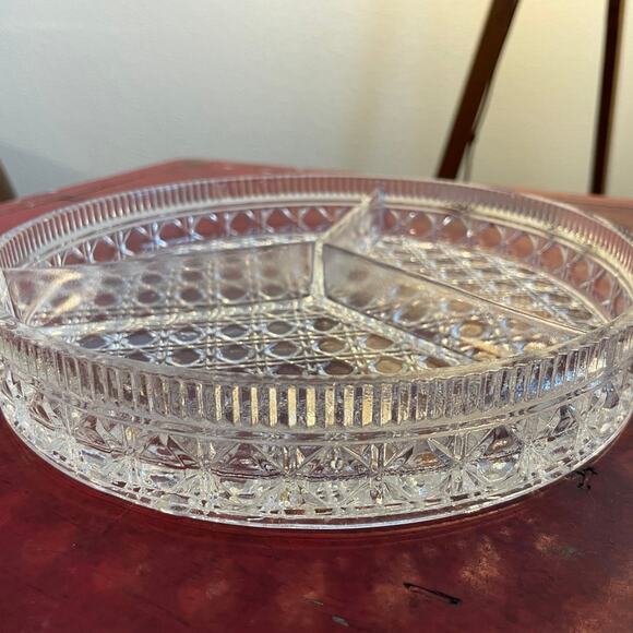 Vintage Crystal 3 PART RELISH TRAY, DIVIDED PLATTER 9” By American Cut - Picture 1 of 5